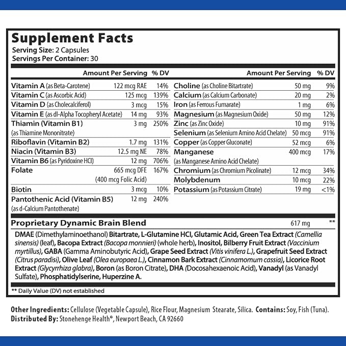 Stonehenge Health Dynamic Brain Supplement – Memory, Focus, & Clarity– Formulated with 40 Unique Nootropic Ingredients: Choline, Phosphatidylserine, Bacopa Monnieri, and Huperzine A